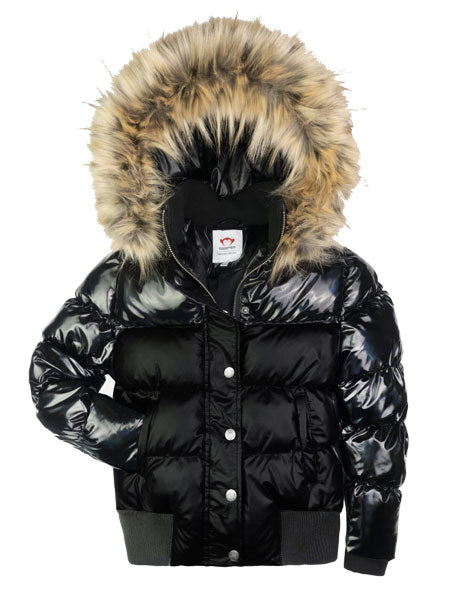 A black puffer coat for girls with a faux fur hood, featuring pockets and zips with a snap flap.