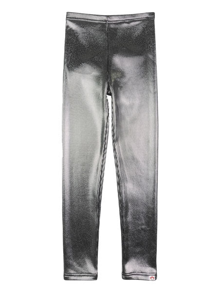 A pair of silver illusion leggings with a glossy metallic finish.