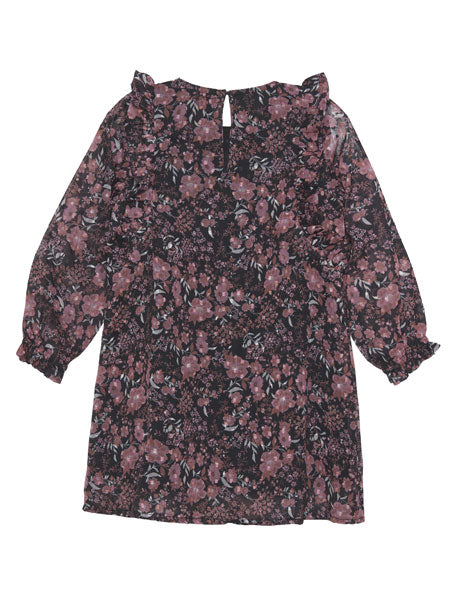 Back view of the ittle girls A-line silhouette party dress. Black floral print. Small ruffled hem. The brand is Creamie.