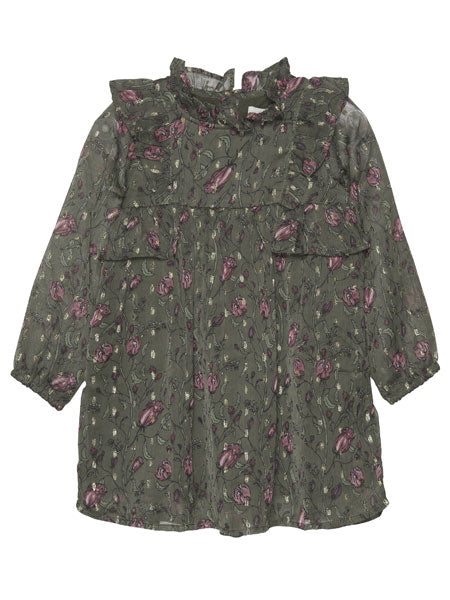 Elegant dress of floral pattern on dark olive. Mock ruffled neck and accent ruffles at the shoulders. For toddler and little girls by Creamie.