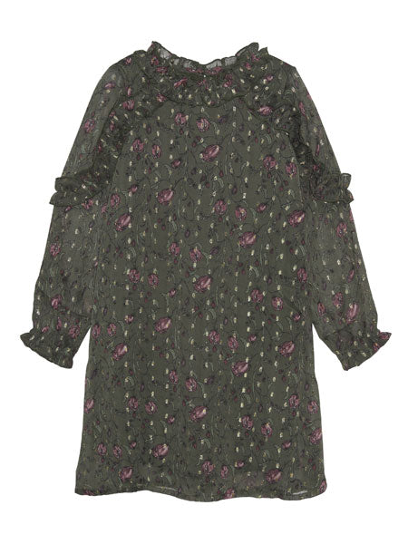 Elegant girls dress of floral pattern on dark olive. The brand is Creamie.