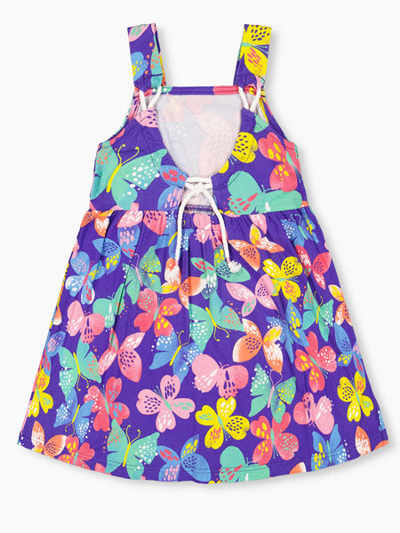 Back view of Deux Par Deux Deux Par Deux sleeveless girls sundress. Printed colorful butterfly pattern on blue. Adjustable back cord tie.