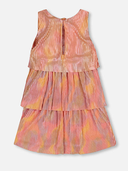 Back view of a metallic rainbow print pleated party dress. Features a sleeveless bodice with wide straps, a round neckline, and three separate tiers. By Deux Par Deux.