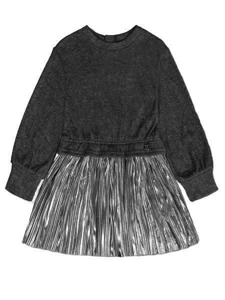 Bi-Material girls dress of light velvet and lame fabric in Charcoal by Deux Par Deux. Long sleeves.