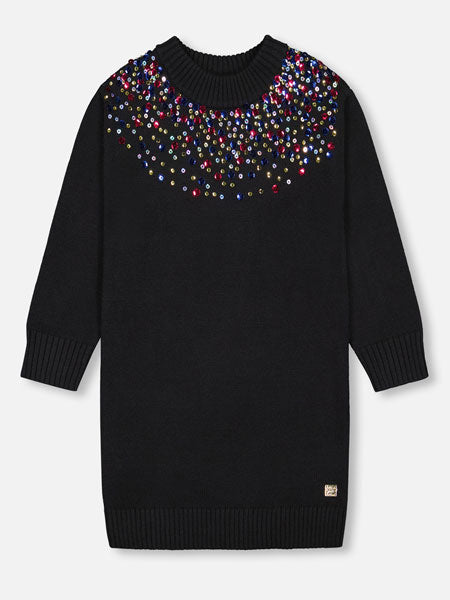 Pullover style girls sweater dress. Black with gold and multi colored sequins.