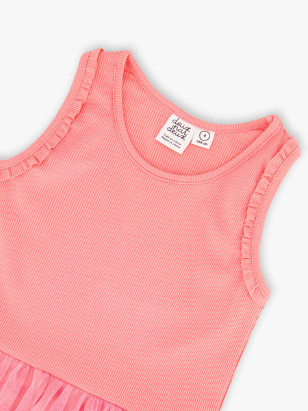 Fabric detail image of the Deux Par Deux shiny ribbed pink girls dress with mesh flocked flowers on tulle overlay skirt. Sleeveless tank style top of dress.