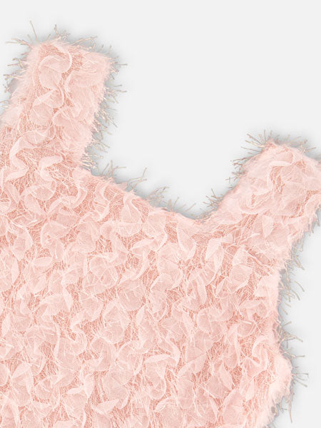 Fabric detail image of the pretty pink two piece set features a sleeveless top with wide straps, a square neckline, and a matching bubble skirt with a stretch elastic waistband. By Deux Par Deux.