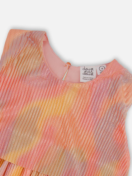 Fabric swatch detail of a metallic rainbow print pleated party dress. Features a sleeveless bodice with wide straps, a round neckline, and three separate tiers. By Deux Par Deux.