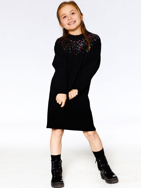 Pullover style girls sweater dress. Black with gold and multi colored sequins.