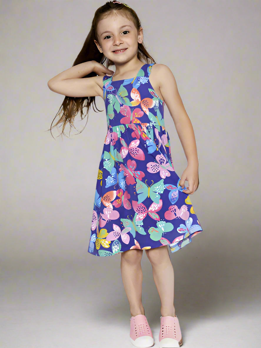 Deux Par Deux sleeveless girls sundress. Printed colorful butterfly pattern on blue.
