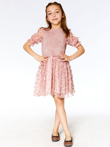 Rose pink girls party dress by Deux Par Deux. Short sleeve velvet bodice with sheer puffed sleeves, a round neckline, and an elastic waist flared A-line skirt covered in butterfly appliques.