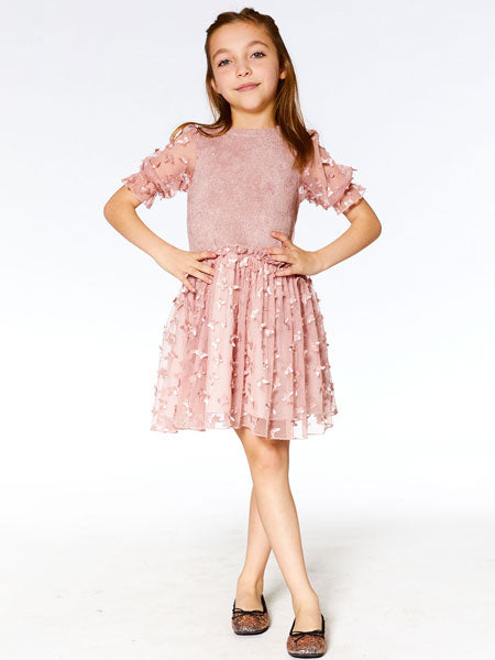 Rose pink girls party dress by Deux Par Deux.  Short sleeve velvet bodice with sheer puffed sleeves, a round neckline, and an elastic waist flared A-line skirt covered in butterfly appliques.