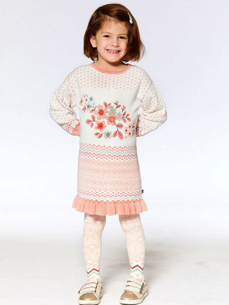 Off White, long sleeve girls sweater dress with pastel hues with bold flowers for fall and winter. The brand is Deux Par Deux.