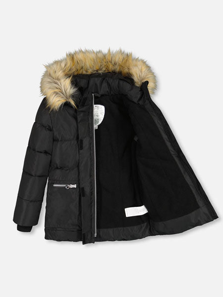 Girls black puffy jacket with horizontal quilting, a front zipper with a covered placket, and front pockets with zippers.