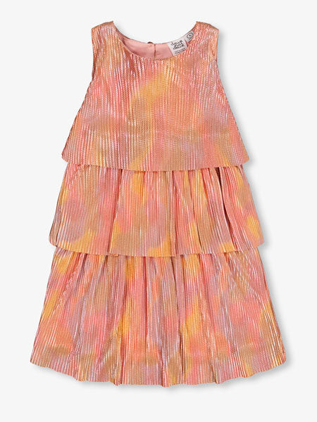 Girls metallic rainbow print, this pleated party dress features a sleeveless bodice with wide straps, a round neckline, and three separate tiers. By Deux Par Deux.