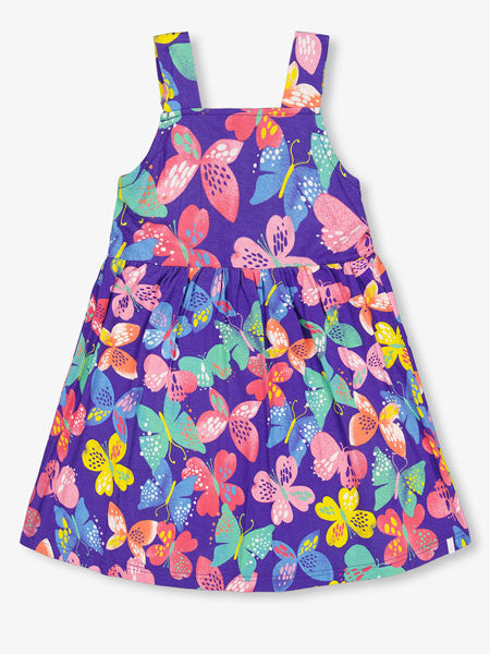 Deux Par Deux sleeveless girls sundress. Printed colorful butterfly pattern on blue.