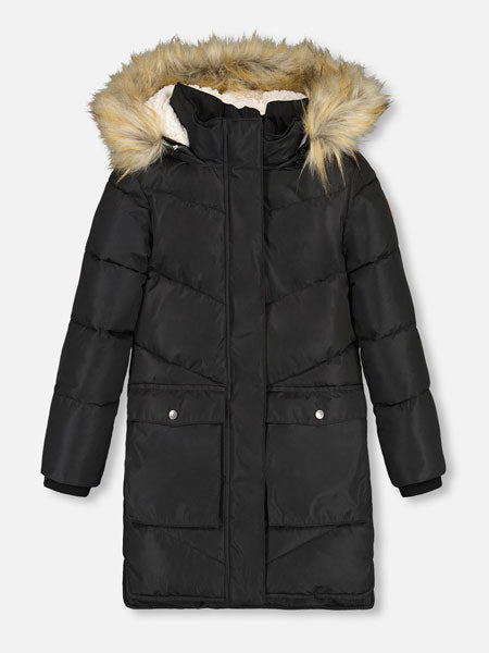 Deux Par Deux Puffy Long Coat Black Girls 6-14