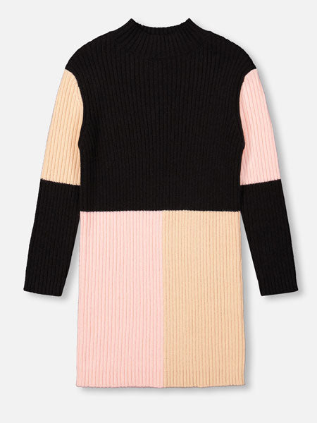 Back view of color block knitted girls sweater dress in pink, beige and black. Contemporary style by Deux Par Deux.