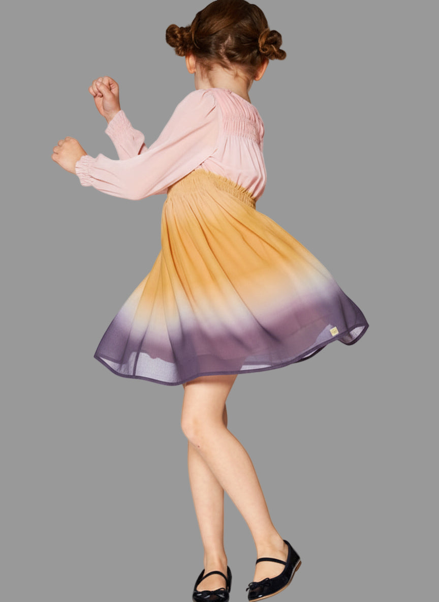 Gradient Chiffon dress, A-line silhouette. In soft poly chiffon fabric, long puffed sleeves with smocked elastic cuffs, elastic smocking across the bodice, and a round neckline.