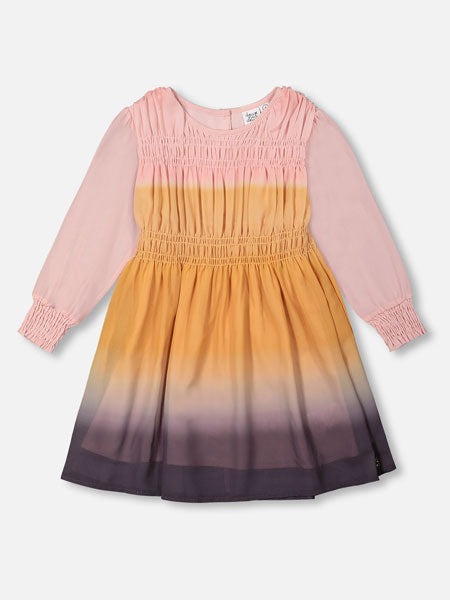 Gradient Chiffon dress, A-line silhouette. In soft poly chiffon fabric, long puffed sleeves with smocked elastic cuffs, elastic smocking across the bodice, and a round neckline.