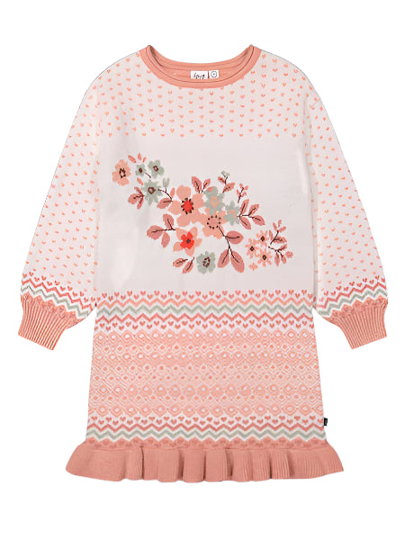 Off White, long sleeve girls sweater dress with pastel hues with bold flowers for fall and winter. The brand is Deux Par Deux.