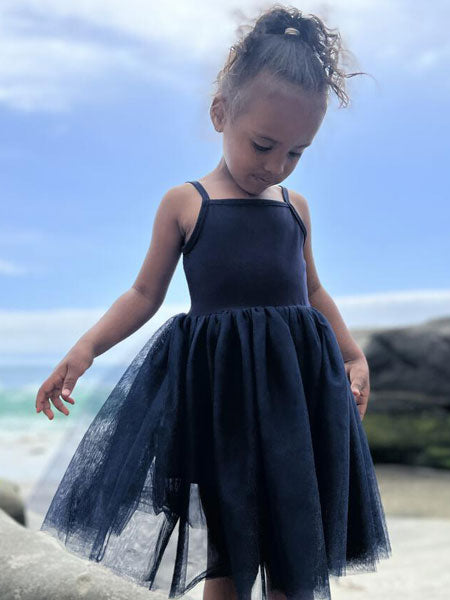 Navy blue tutu dress with tank style jersey knit top.