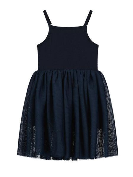 Navy blue tutu dress with tank style jersey knit top.
