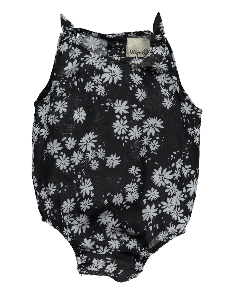 Baby girls bubble romper. Black with with daisies, sleeveless.