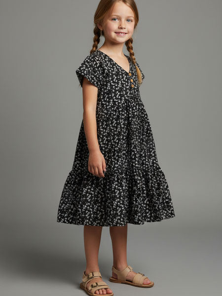 Young girl wearing a black floral dress against a gray background