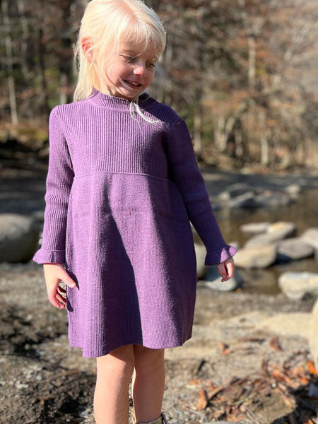 Little girls purple long sleeve knit dress by Vignette. High waist, mock neck, and ruffled cuffs on sleeves.