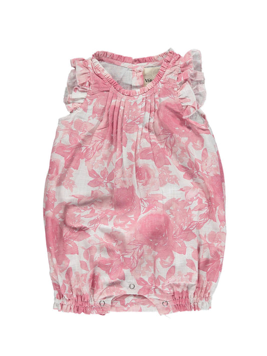 Sleeveless baby girls bubble romper in a pink roses print, the Tamsin Bubble by Vignette.