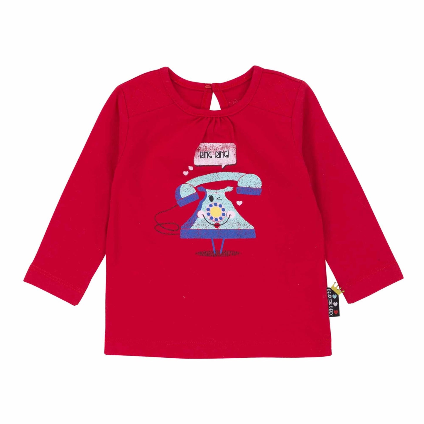 Red long-sleeve shirt with a telephone graphic on a white background