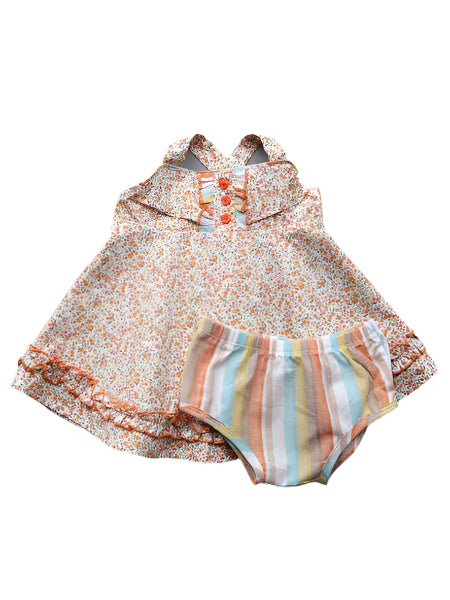 Floral sleeveless baby dress with striped bloomers.