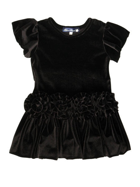 Black velvet velour girls party dress by Mulberribush. Short sleeves. Drop waist with rosette trim, gathered skirt.