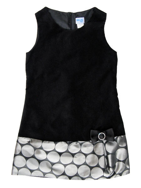 Black velvet shirt style girls dress with silver dot pattern accent fabric at hem, by Luli & Me.