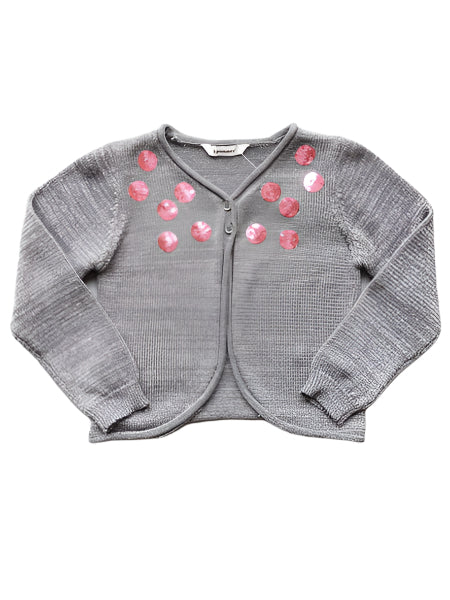 Girls gray cardigan sweater with pink sequin circles accents by 3 Pommes.