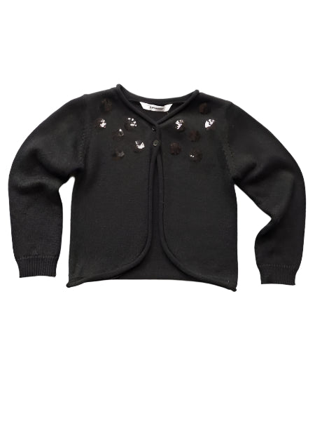 Cardigan style girls black sweater.  Black sequin circle accents, long sleeves.