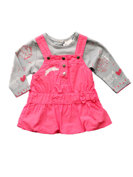 Two piece set, jumper and tee shirt.  Fuchsia pink drop waist style jumper. Gray and pink stripe long sleeve tee top.