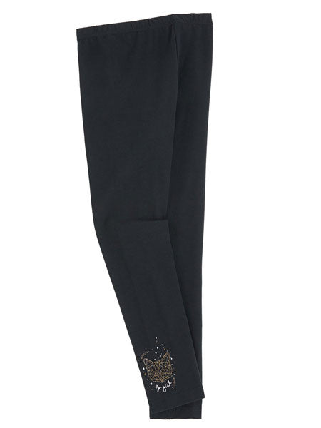 Black, ankle length leggings. Cat graphic at ankle.