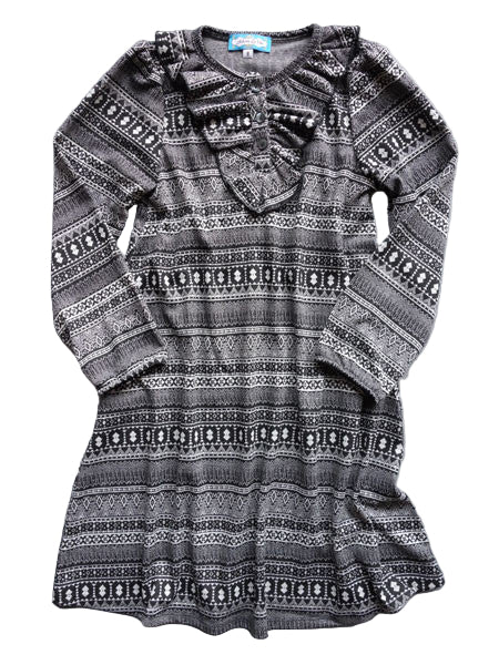 Girls Fair Isle knit dress in gray ad black. Round neck with a ruffle trim and buttons.