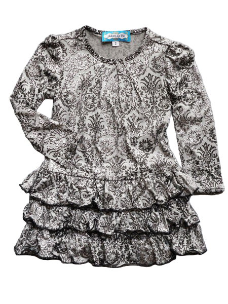 A silver and black damask print long sleeve toddler and girls dress with ruffles.