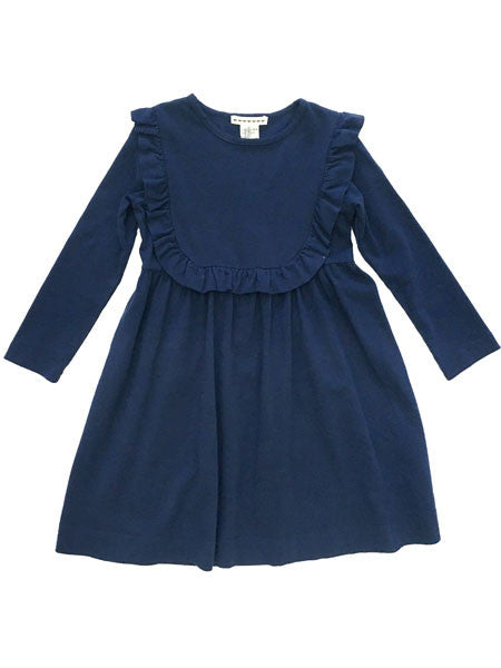 Navy blue long sleeve girls cotton jersey dress. Ruffle trim.