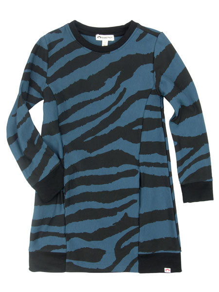 Appaman Camilla Gilrs Dress, zebra stripes in teal blue and black.