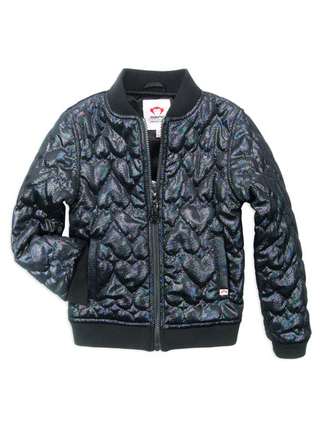 The Nikki Bomber jacket for girls by Appaman. Full-zip jacket., non-hooded. Black shiny quilted hearts pattern.