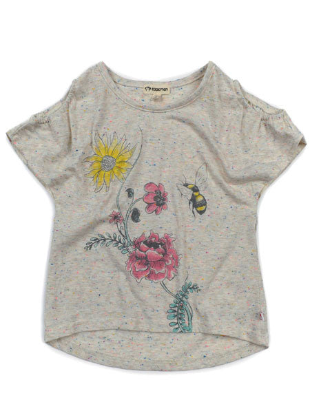 A speckled gray and white short-sleeved tee shirt with floral and insect graphics, featuring shoulder cutouts and a slouchy fit.
