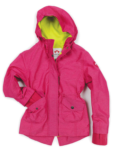 Girls pink windbreaker by Appaman. Hip-length. Elastic cinched waist. Ribbed wrists with thumbholes.