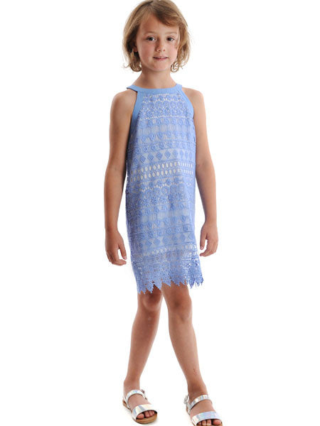 Summer crochet shift style girls party dress by Appaman. HIgh neck, cut away shoulder style. White under layer visible through pretty crochet pattern.