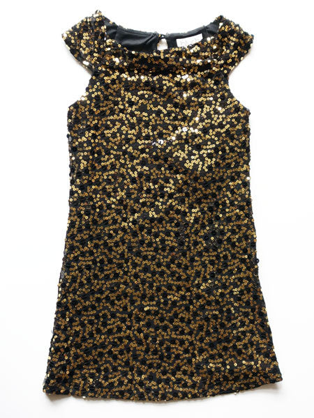 A gold and black sequined girls' party dress with cap sleeves and a small keyhole closure at the back of the neck, fully lined in black.