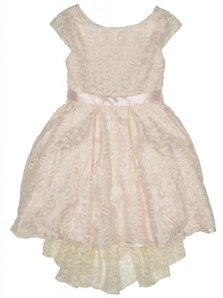 An ivory and pink floral lace high-low dress with cap sleeves and a hidden back zipper, designed for sizes 6 and 6X.