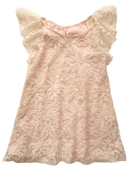 Lace girls dress. Ivory lace overlay, pink light weight satin underlayer. Ruffled cap ivory lace